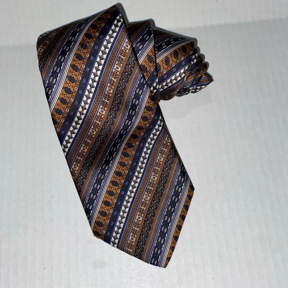 Lanvin Paris Silk Tie Brown Gold Silver Black Abstract Diagonal Pattern Necktie